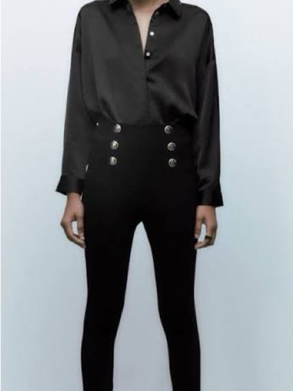 Zara Black High-Waist Skinny Pants with Gold Button Detail